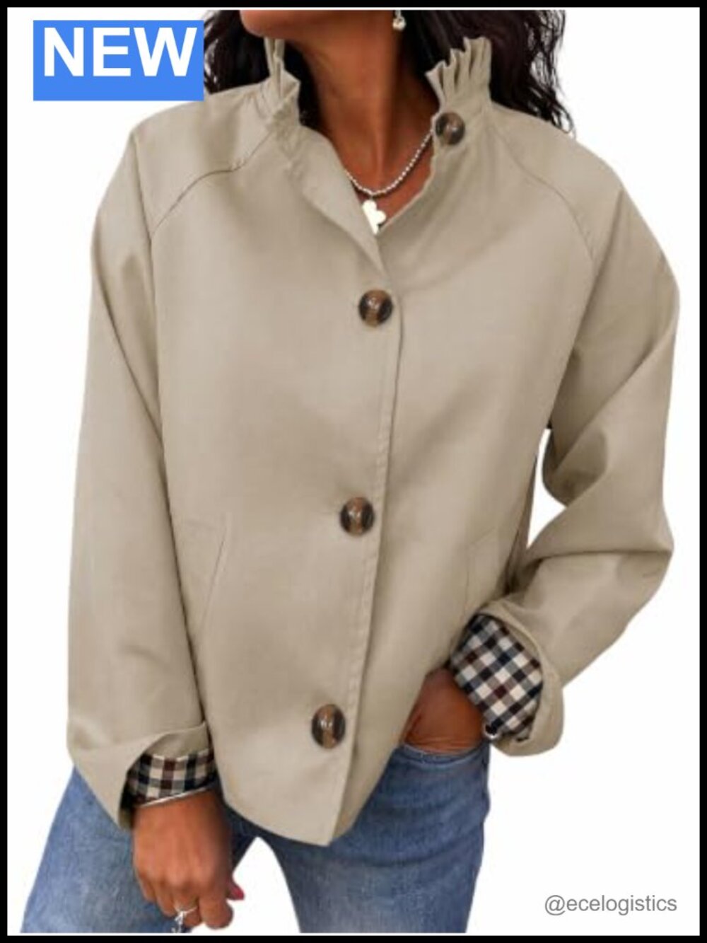Cropped Trench Coat Womens Ruffle Long Sleeve Lightweight Single Breasted